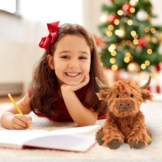 SOLPOBEI Highland cow plush with realistic eyes for lifelike charm.