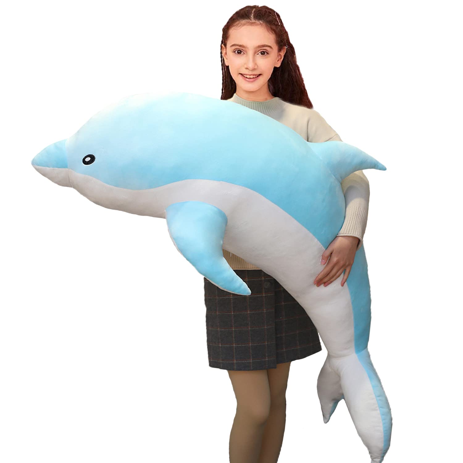 Somao dolphin plush pillow in blue offers cozy bedtime comfort for kids.