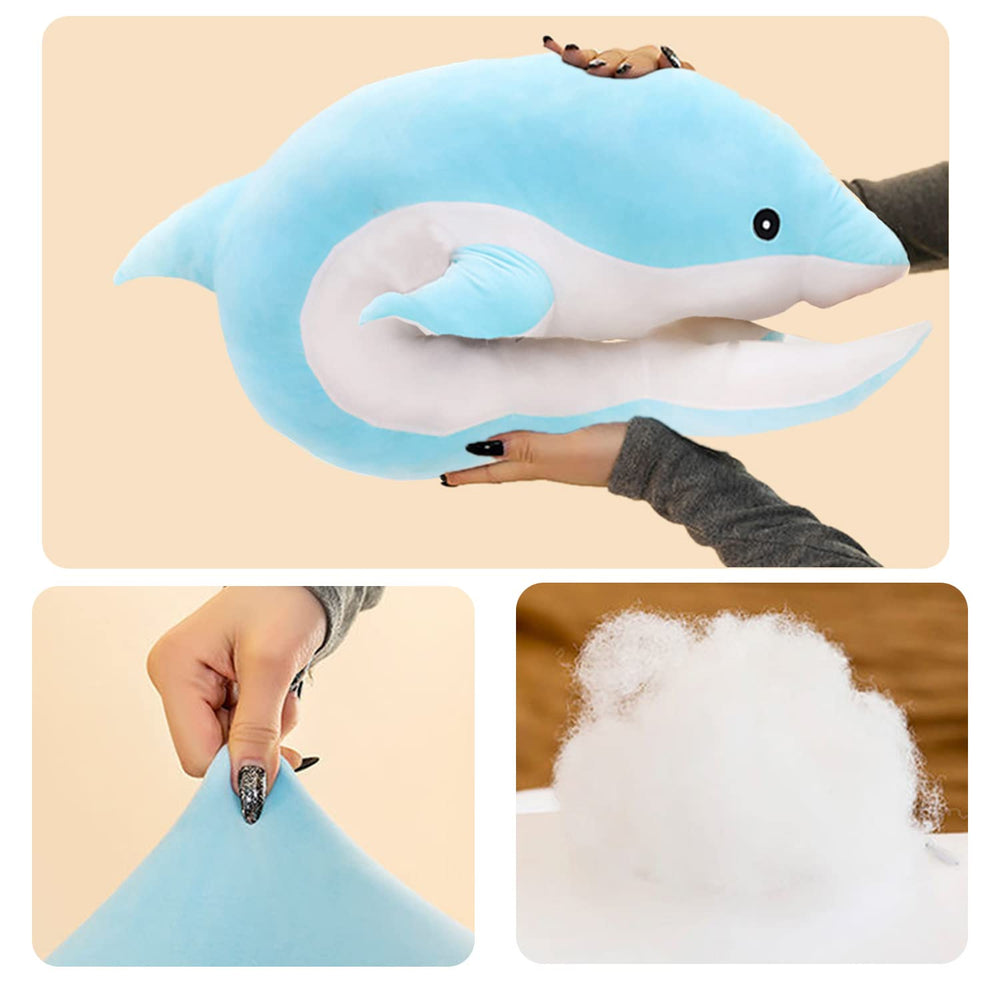 Somao blue dolphin plush serves as a comfortable sleep cushion.