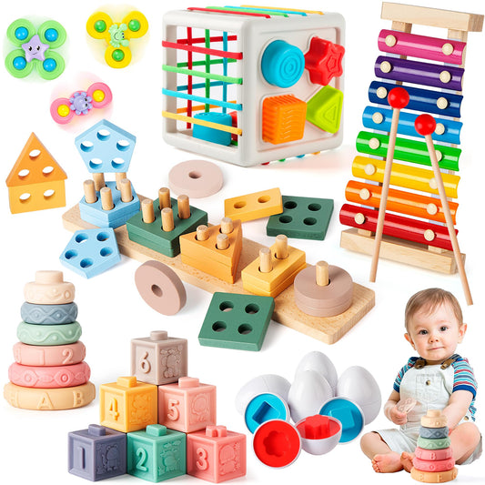 Somastung 7-in-1 Montessori baby toy set with colorful blocks for early learning