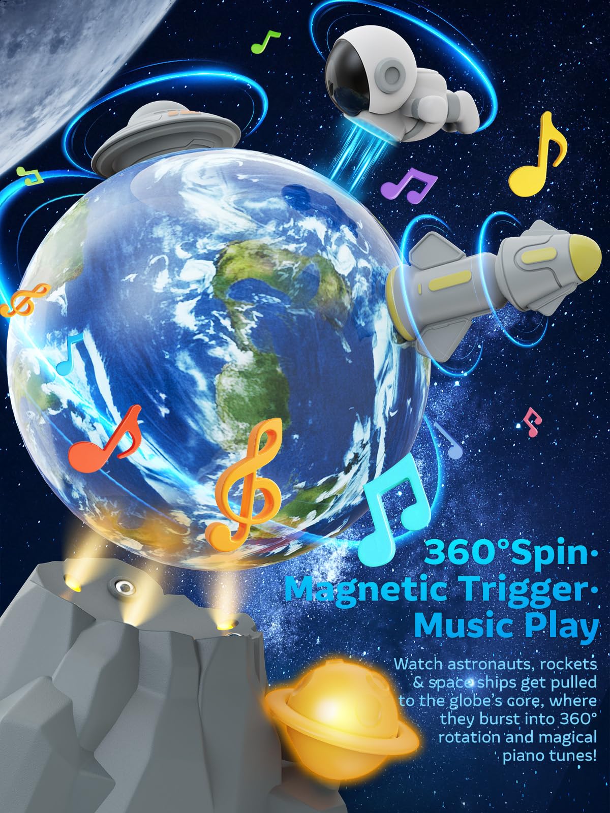Somastung rocket on ball promoting dynamic motion and storytelling play