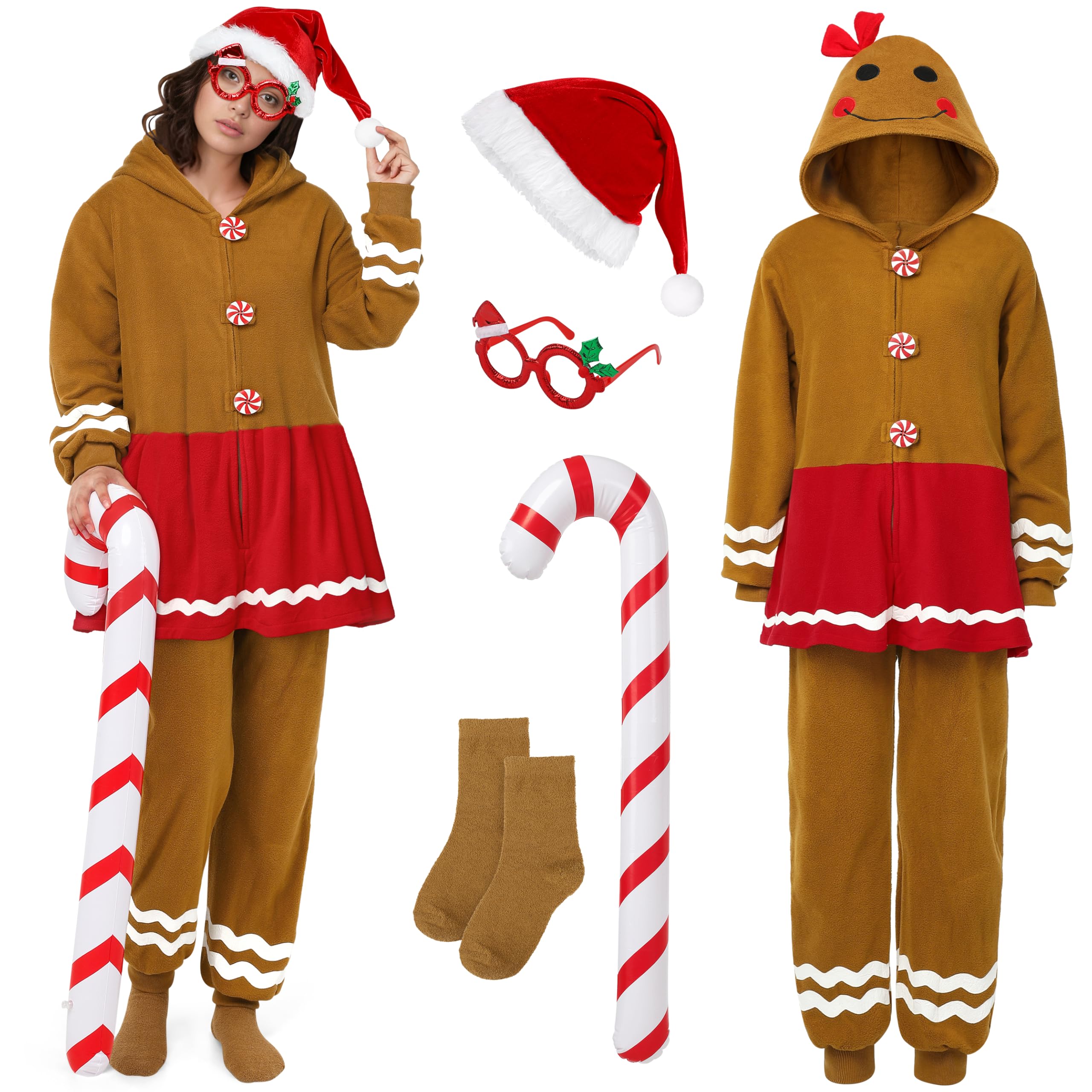 SOMSOC gingerbread onesie hood close-up showing soft fleece and festive features.