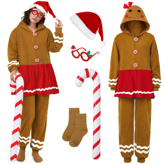 SOMSOC gingerbread onesie hood close-up showing soft fleece and festive features.