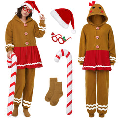 SOMSOC gingerbread onesie hood close-up showing soft fleece and festive features.