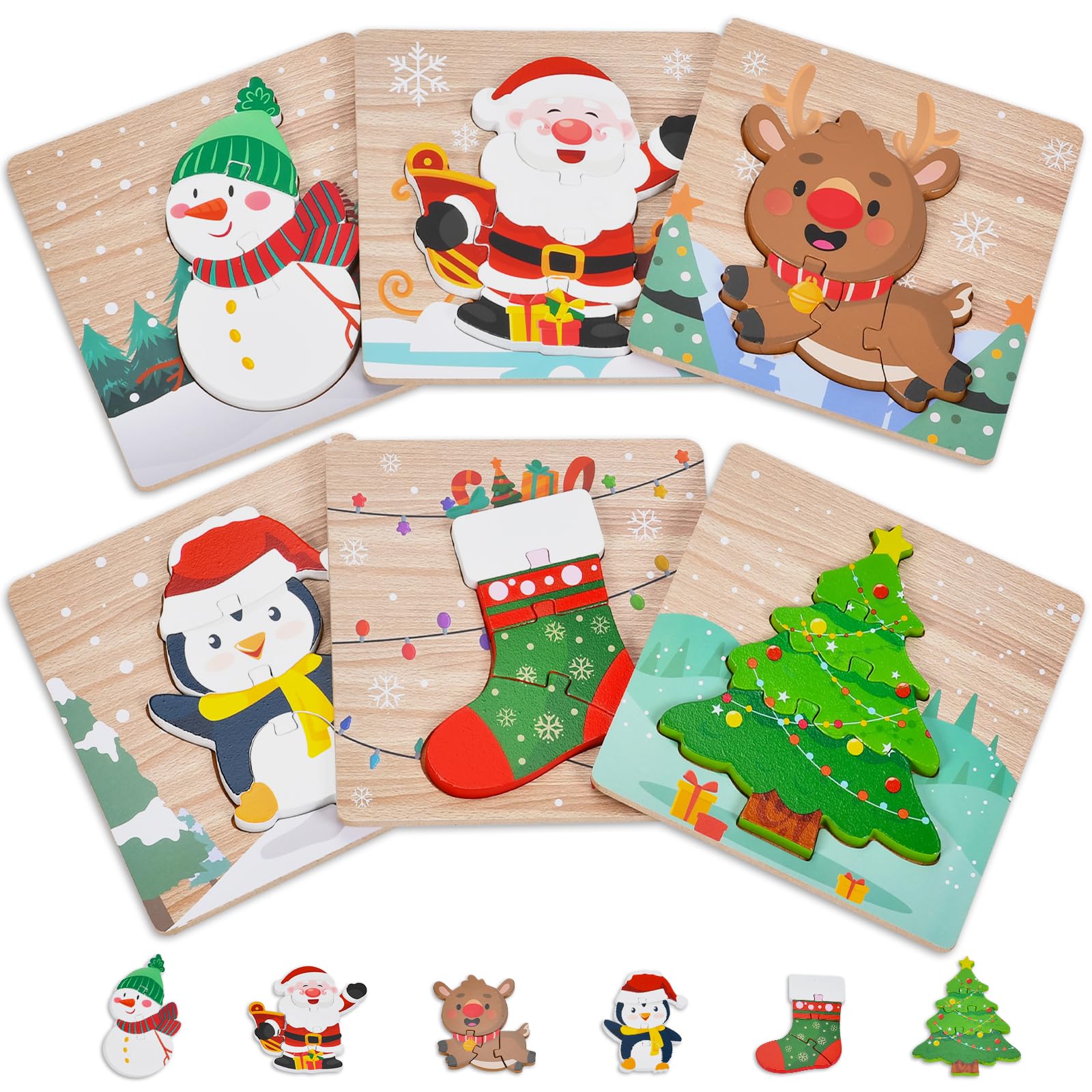 Sondatery Christmas snowman wooden puzzle showing colorful pieces for fine motor practice