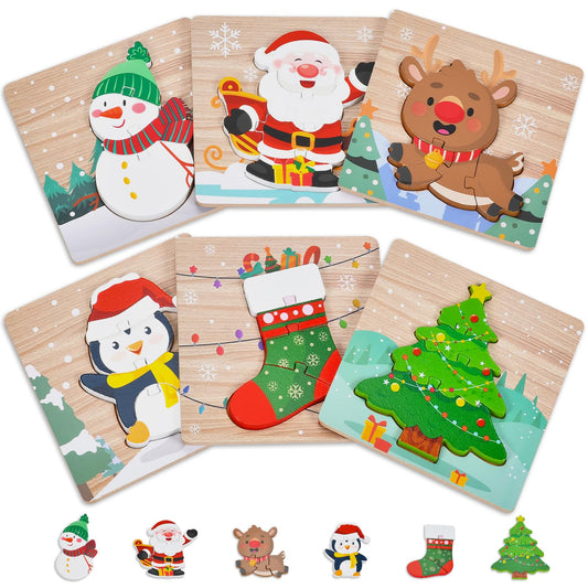 Sondatery Christmas snowman wooden puzzle showing colorful pieces for fine motor practice