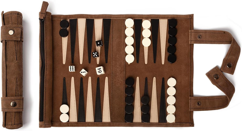 Sondergut roll-up backgammon board open for travel play and easy setup