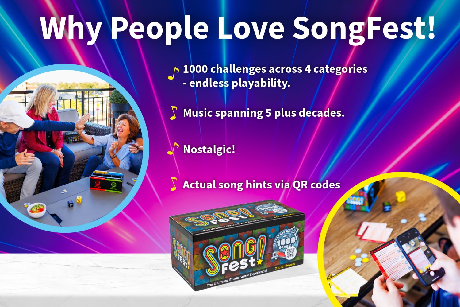 SongFest family game night photo illustrating 2-12 players having fun.