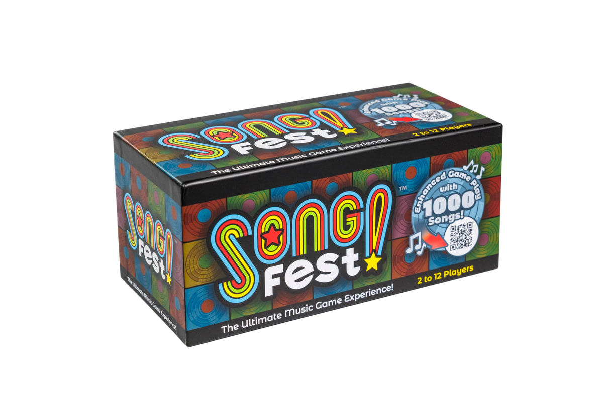 SongFest game setup image showing the box and components for family trivia night.