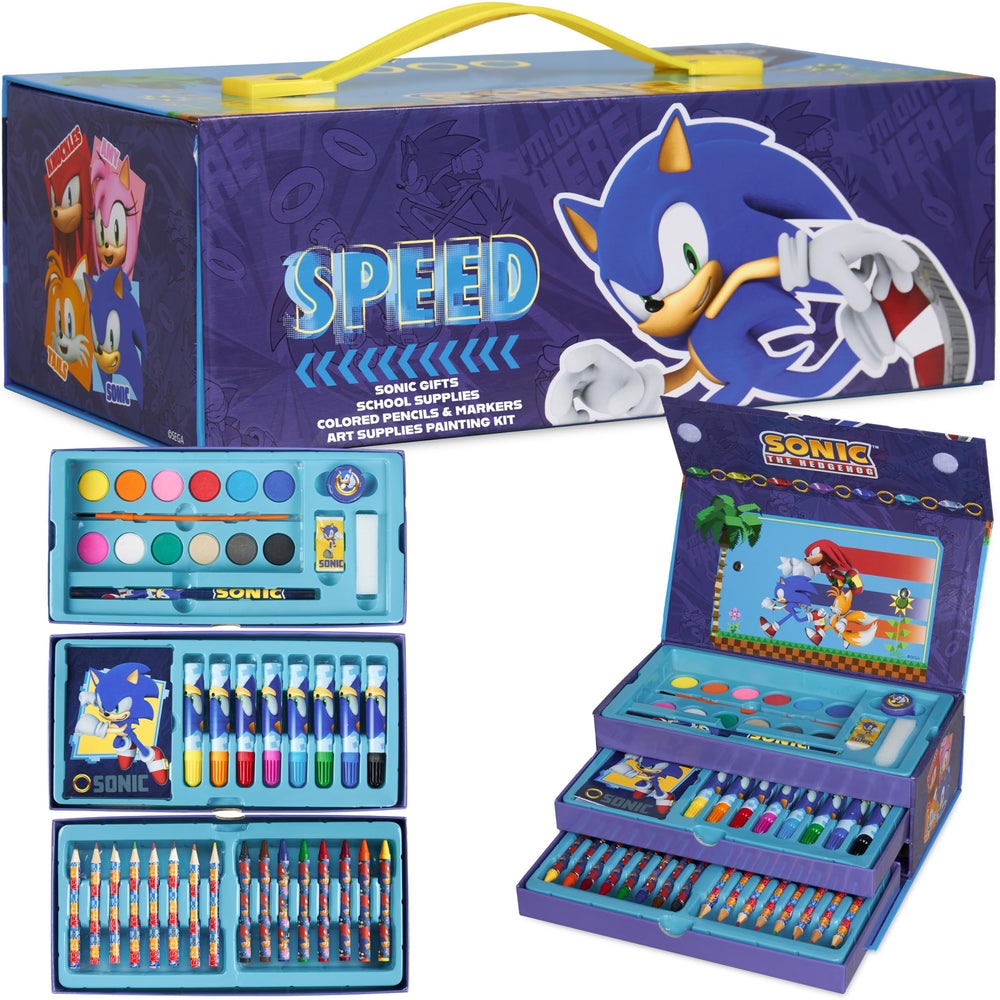 Sonic The Hedgehog art set cover, a portable creativity station for home or school.
