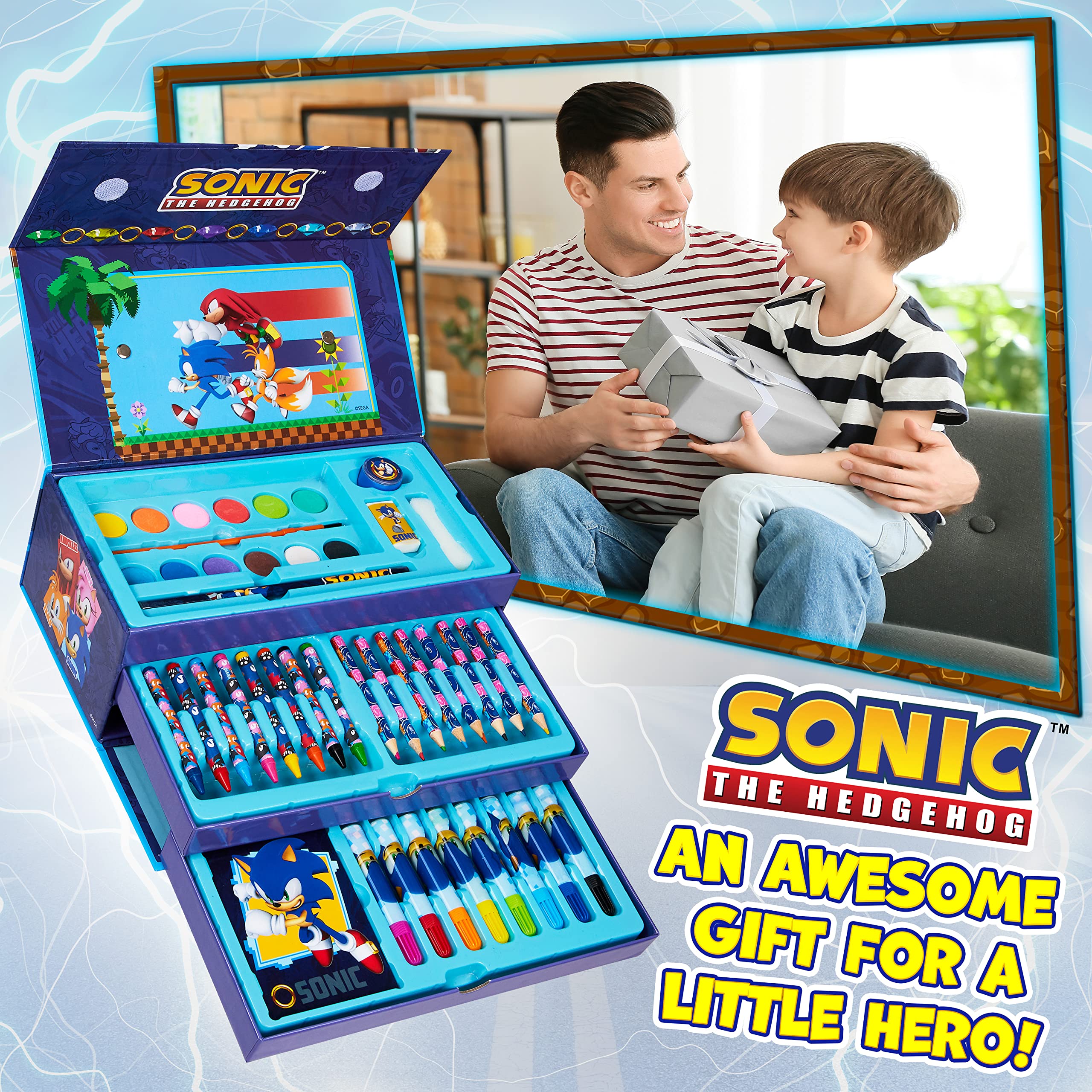 Sonic The Hedgehog color pencil case closeup, ready for on-the-go drawing.