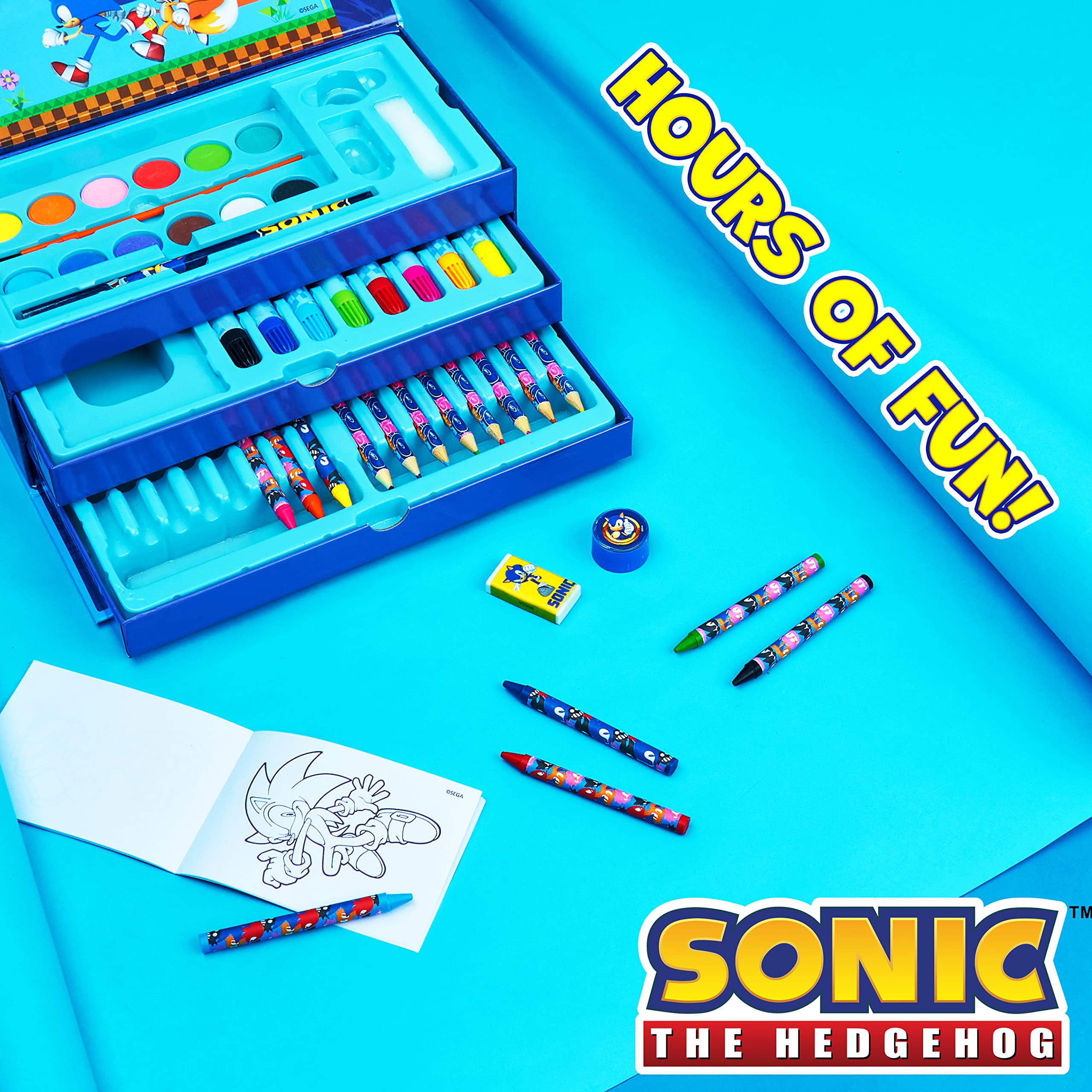 Sonic The Hedgehog watercolor tablets display, vibrant pigments for young artists.