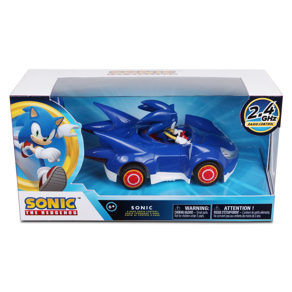 Sonic the Hedgehog RC car front view highlights compact design and collectibility.