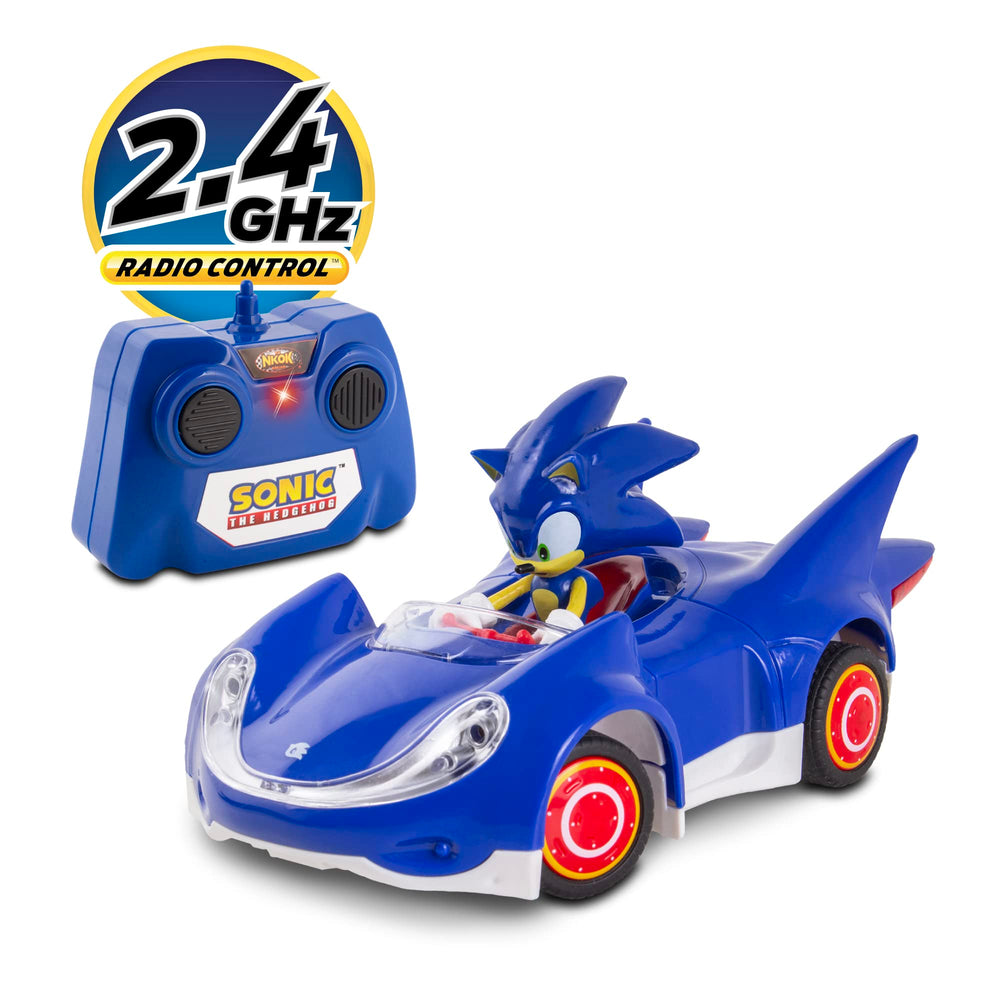Sonic the Hedgehog RC car side view demonstrates agile tires and precise steering.
