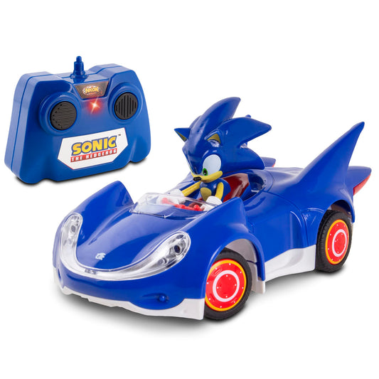 Sonic the Hedgehog 1:28 scale RC car shows detailed figure for display and play.
