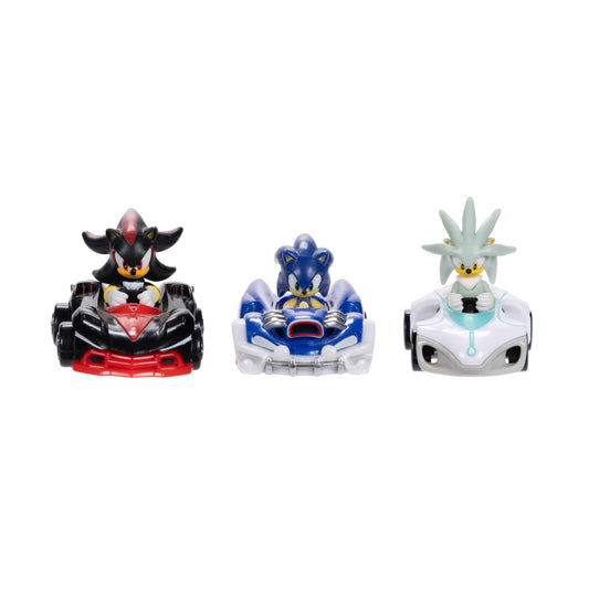 Sonic The Hedgehog 3-pack die-cast vehicles for collectible display and play.