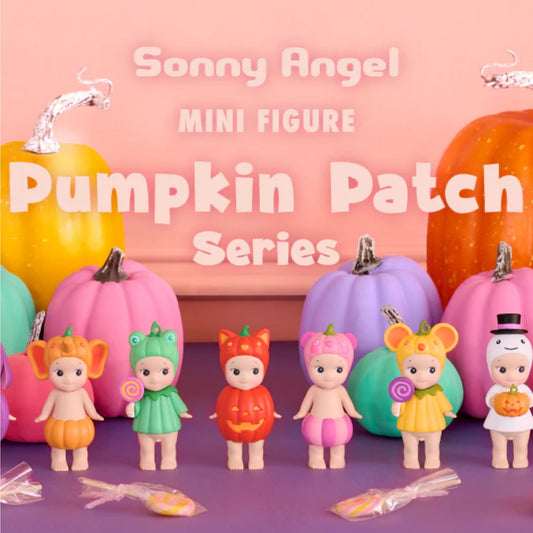 Sonny Angel Pumpkin Patch cat figure with colorful pumpkin costume, adds charm on shelves.