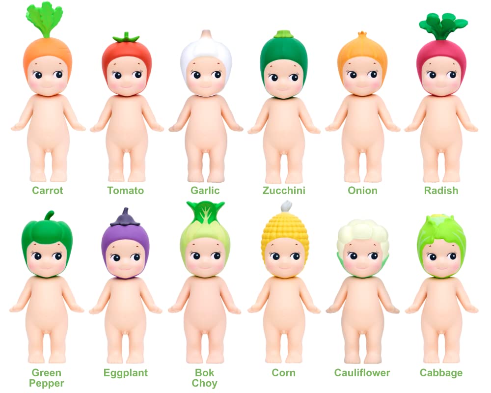 Sonny Angel vegetable headgear figure for display on shelves.