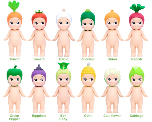 Sonny Angel vegetable headgear figure for display on shelves.