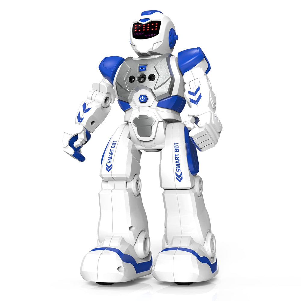 SONOMO RC robot in blue and white, front view, kid-friendly design for beginners.