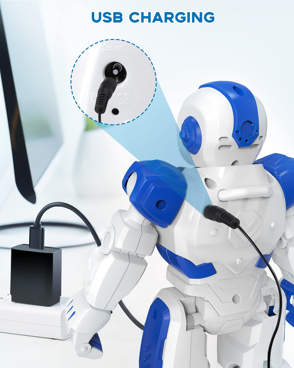 Child playing with SONOMO robot, showcasing engaging, imaginative playtime.