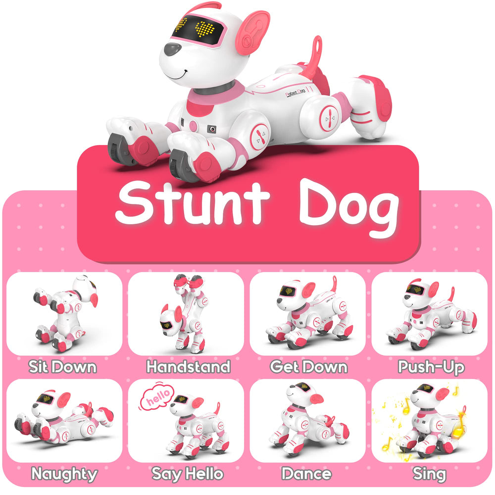 SONOMO pink robot dog toy side view highlighting chin touch response