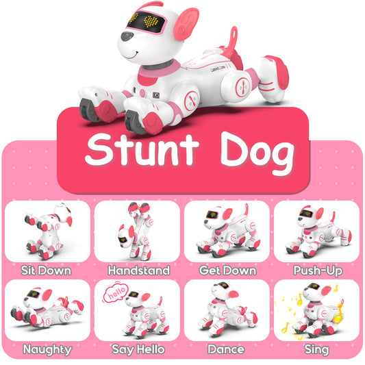 SONOMO pink robot dog toy side view highlighting chin touch response