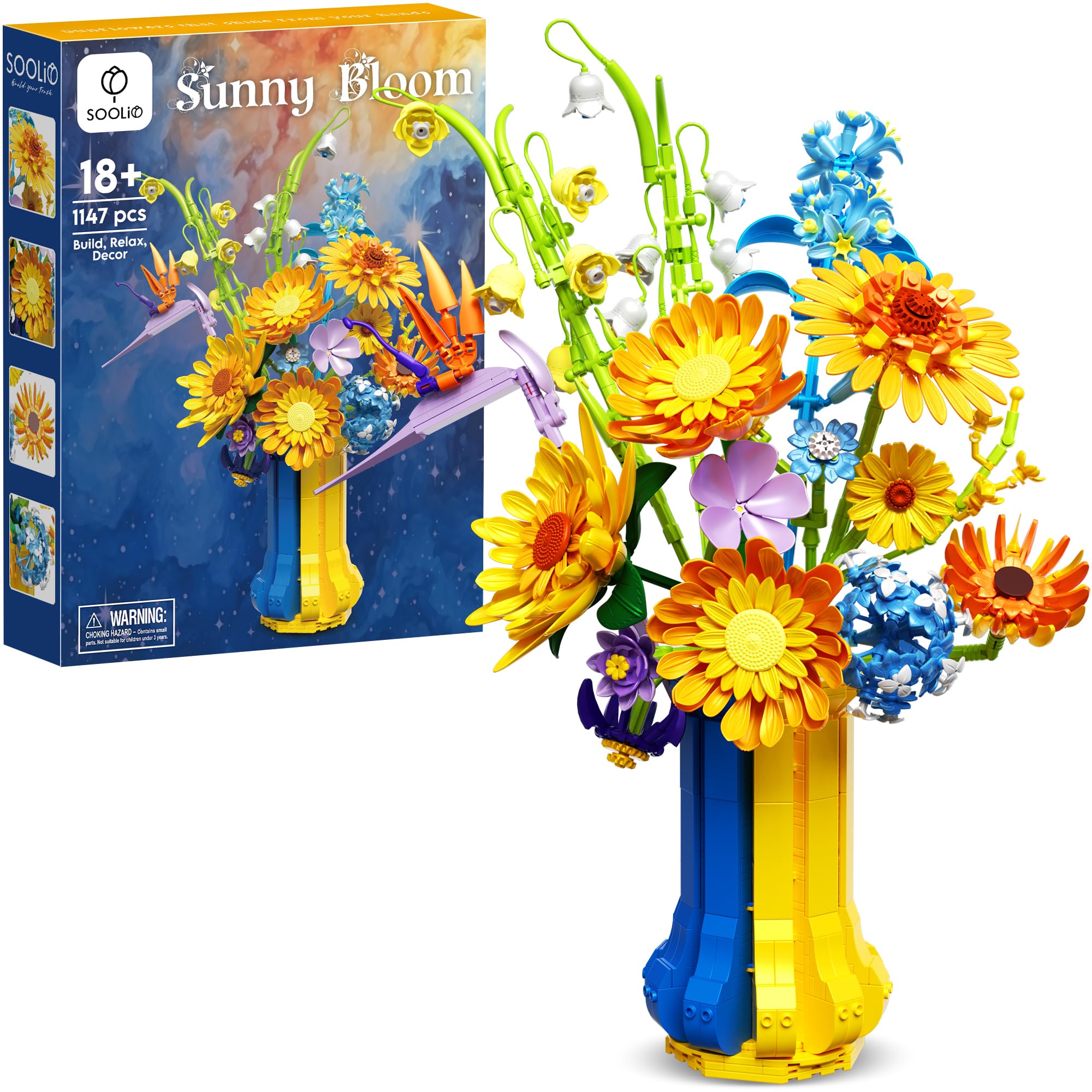 SOOLIO Sunflower Bouquet Building Set with Vase for elegant home décor and gift-ready display.
