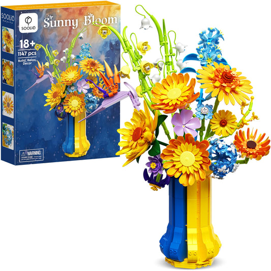 SOOLIO Sunflower Bouquet Building Set with Vase for elegant home décor and gift-ready display.