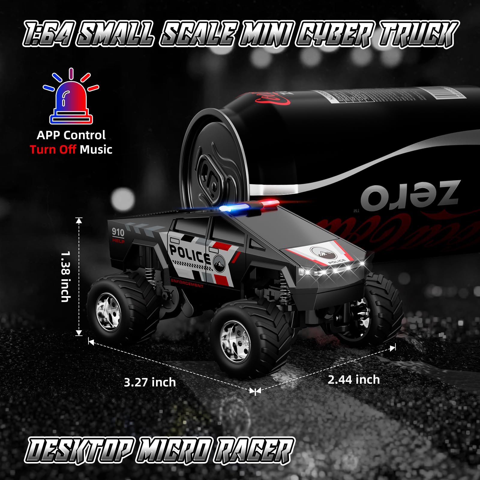 Close-up of the 1:64 SOONYANG RC truck designed for desk and on-the-go fun.