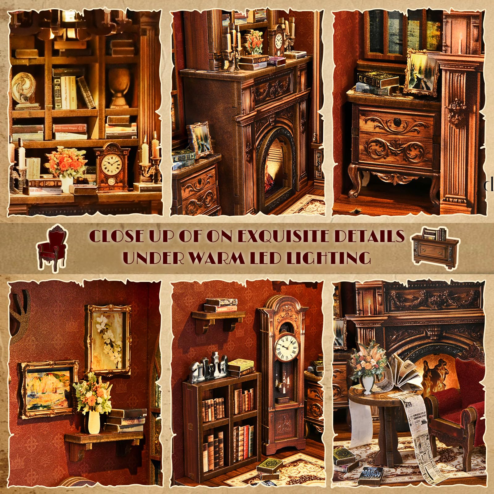 Soothee Twilight Library detailed bookshelves and tomes create a lifelike miniature library.