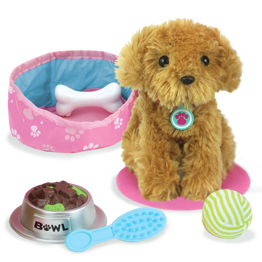 Sophia's 18-inch doll golden brown plush puppy dog image—soft cuddle companion for imaginative play.