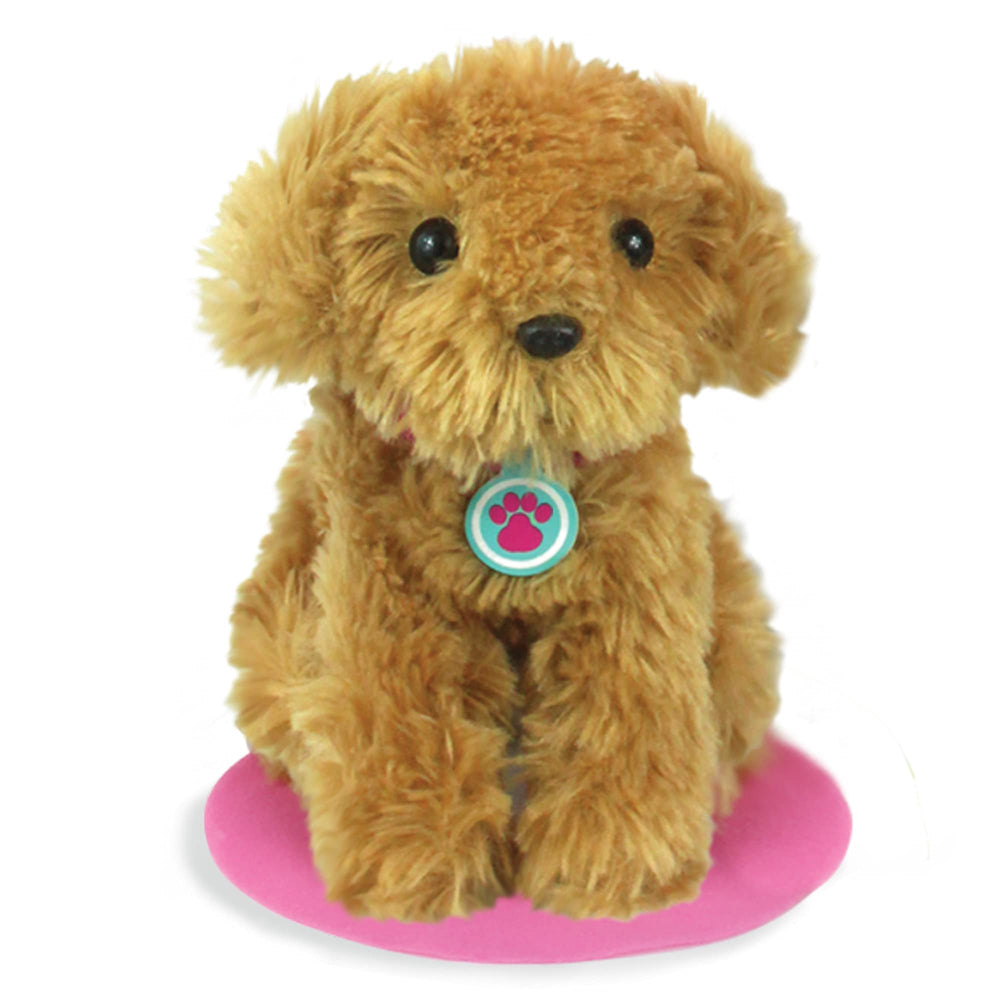 Sophia's Golden Plush Puppy Bed and Blanket offer cozy comfort for dolls.