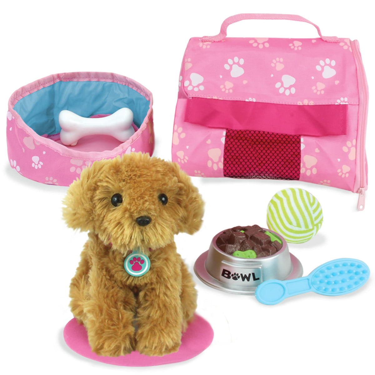 Sophia's Golden Plush Puppy Box with all accessories in a decorative keepsake box, ideal for organized play.