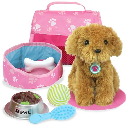 Sophia's Golden Plush Puppy Brush keeps hair neat between adventures.