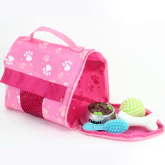 Sophia's Golden Plush Puppy Food Bowl supports pretend meals during playtime.