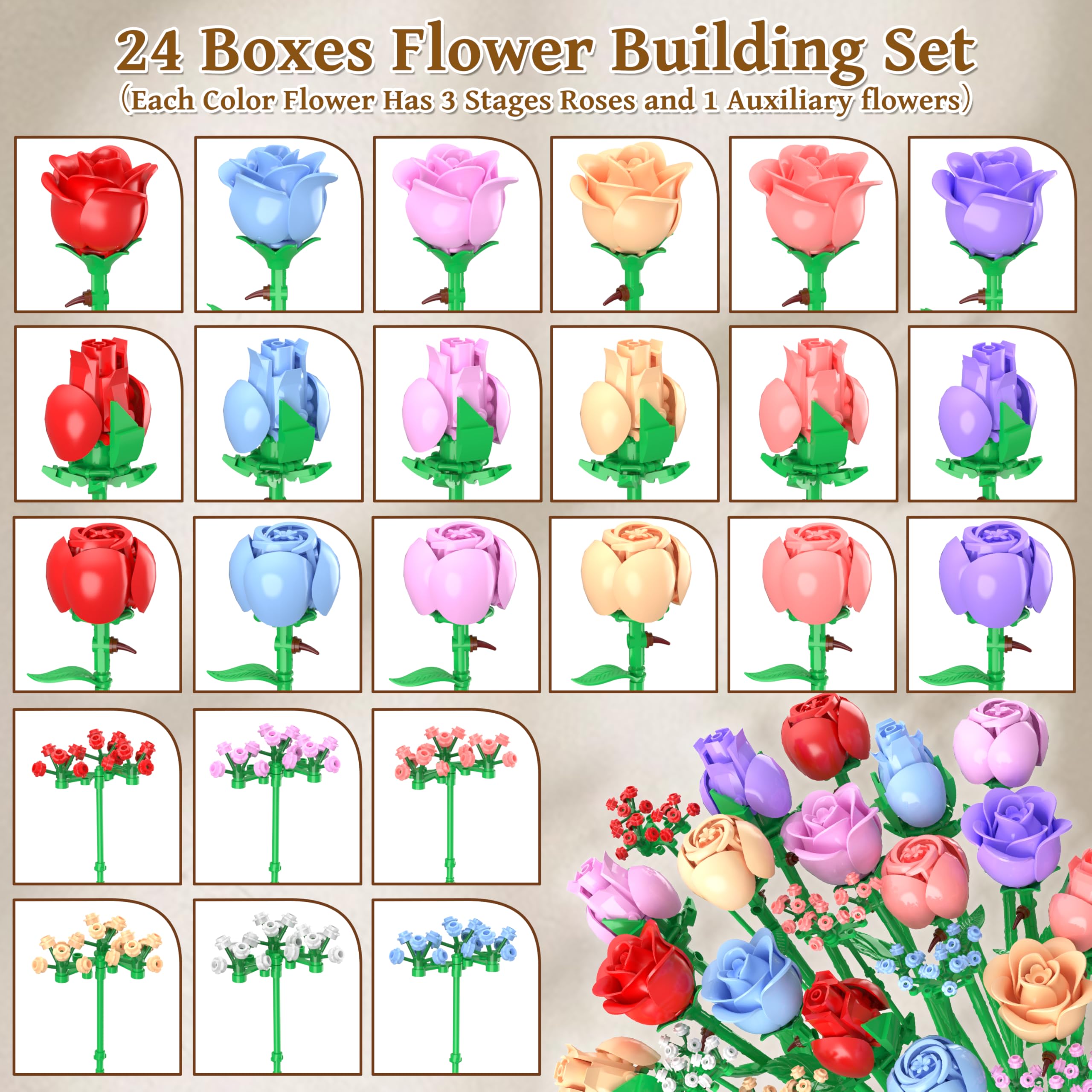 Sopu Colorful Rose Bouquet assembly parts laid out, enabling flexible, creative builds.