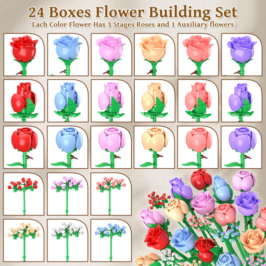 Sopu Colorful Rose Bouquet assembly parts laid out, enabling flexible, creative builds.