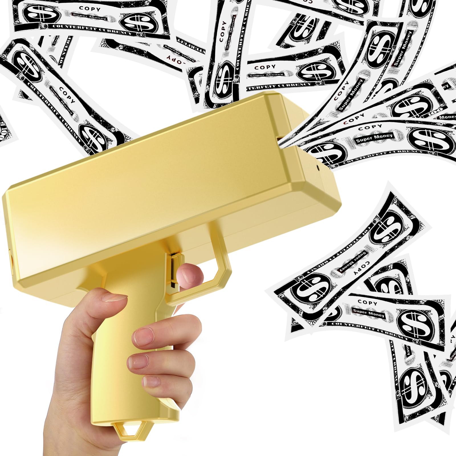 Sopu money gun in metallic gold raining play money at a party