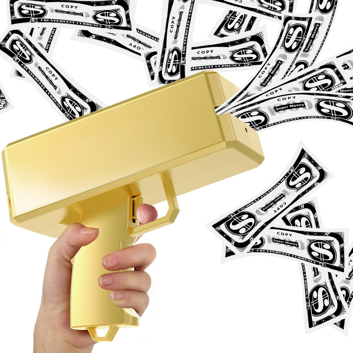 Sopu money gun in metallic gold raining play money at a party