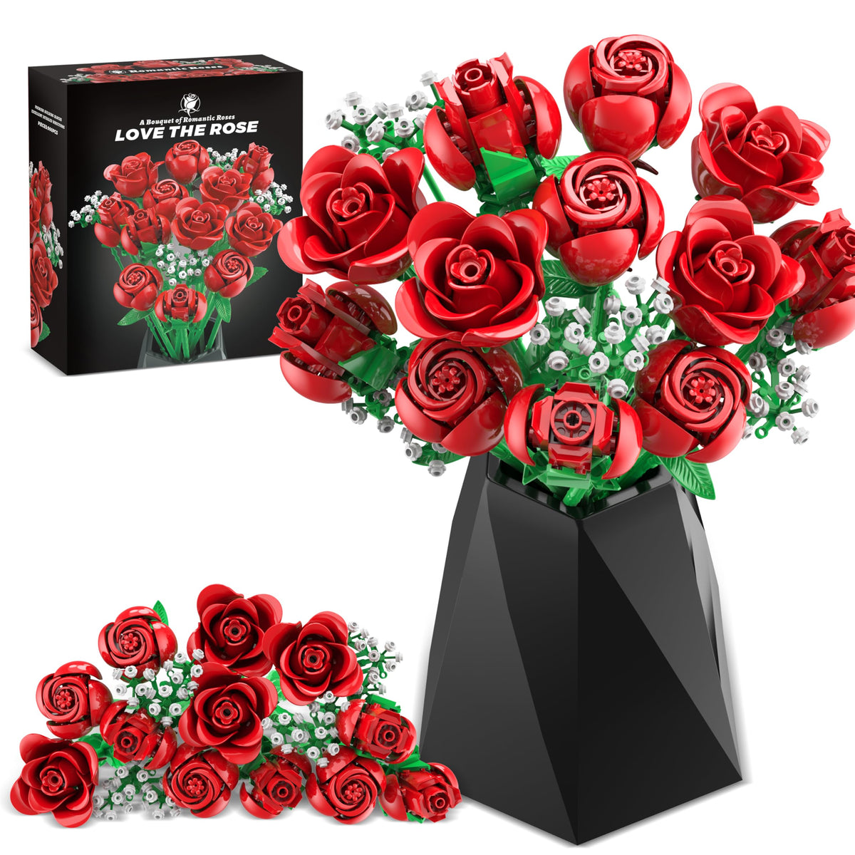 Sopu red rose bouquet building set close-up of 16-piece assembly for table decor