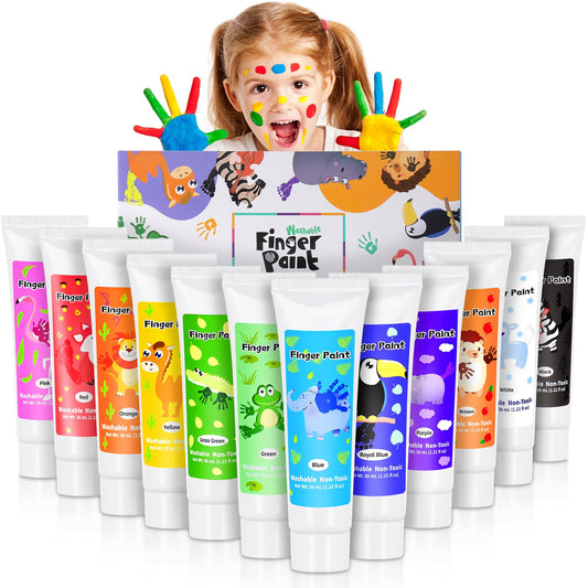 Sortnic Washable Finger Paint case open showing 12 color tubes ready for creative play
