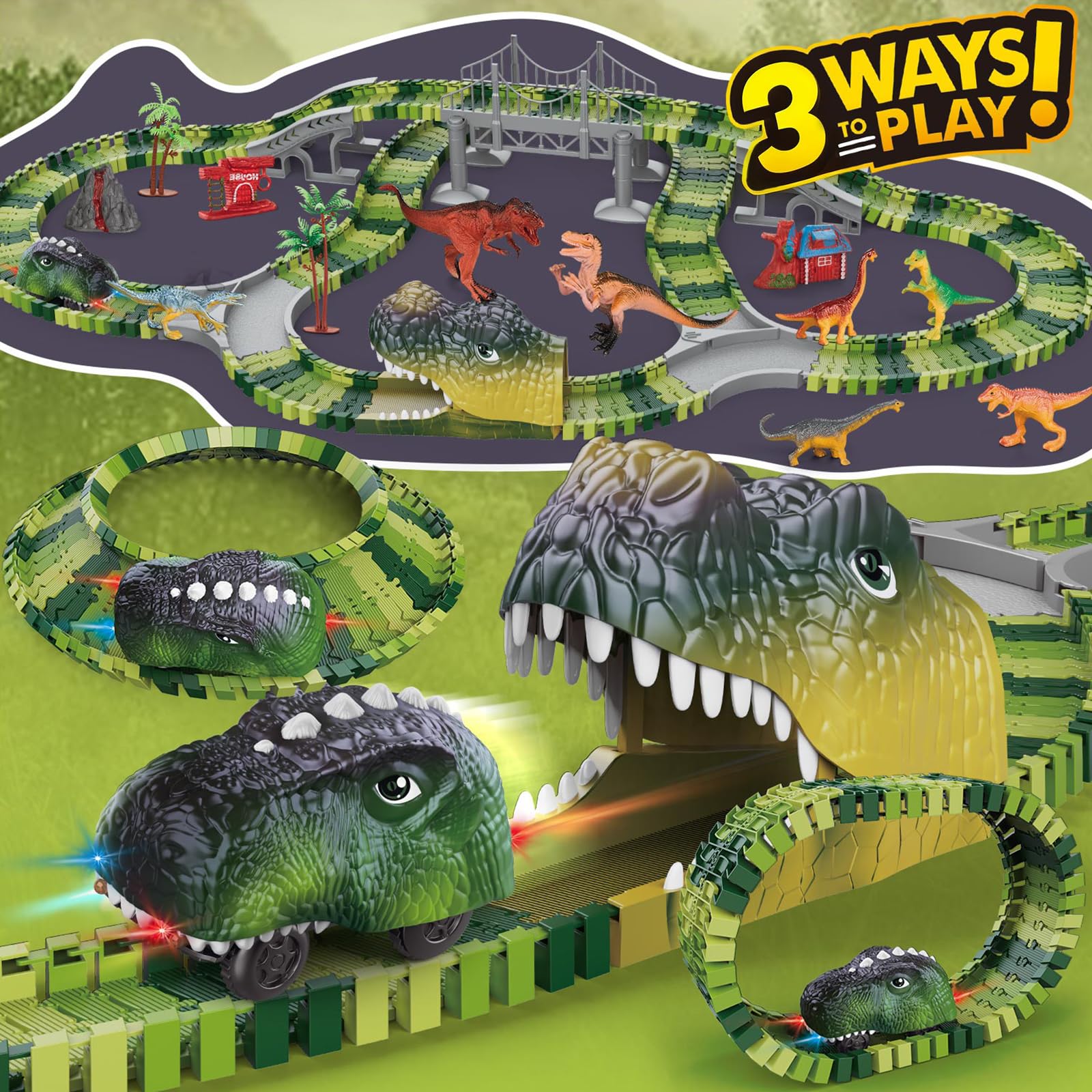 SOSUSHOE dinosaur race car glows and roars during exciting speed moments.