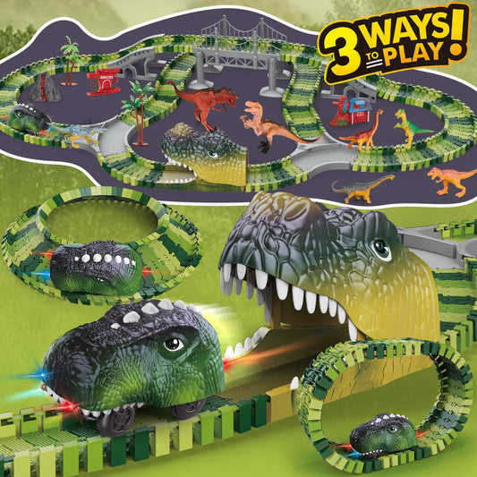 SOSUSHOE dinosaur race car glows and roars during exciting speed moments.