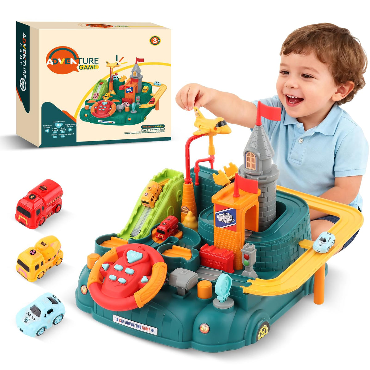 SOSUSHOE toddler car track with interactive buttons boosts fine motor skills during play
