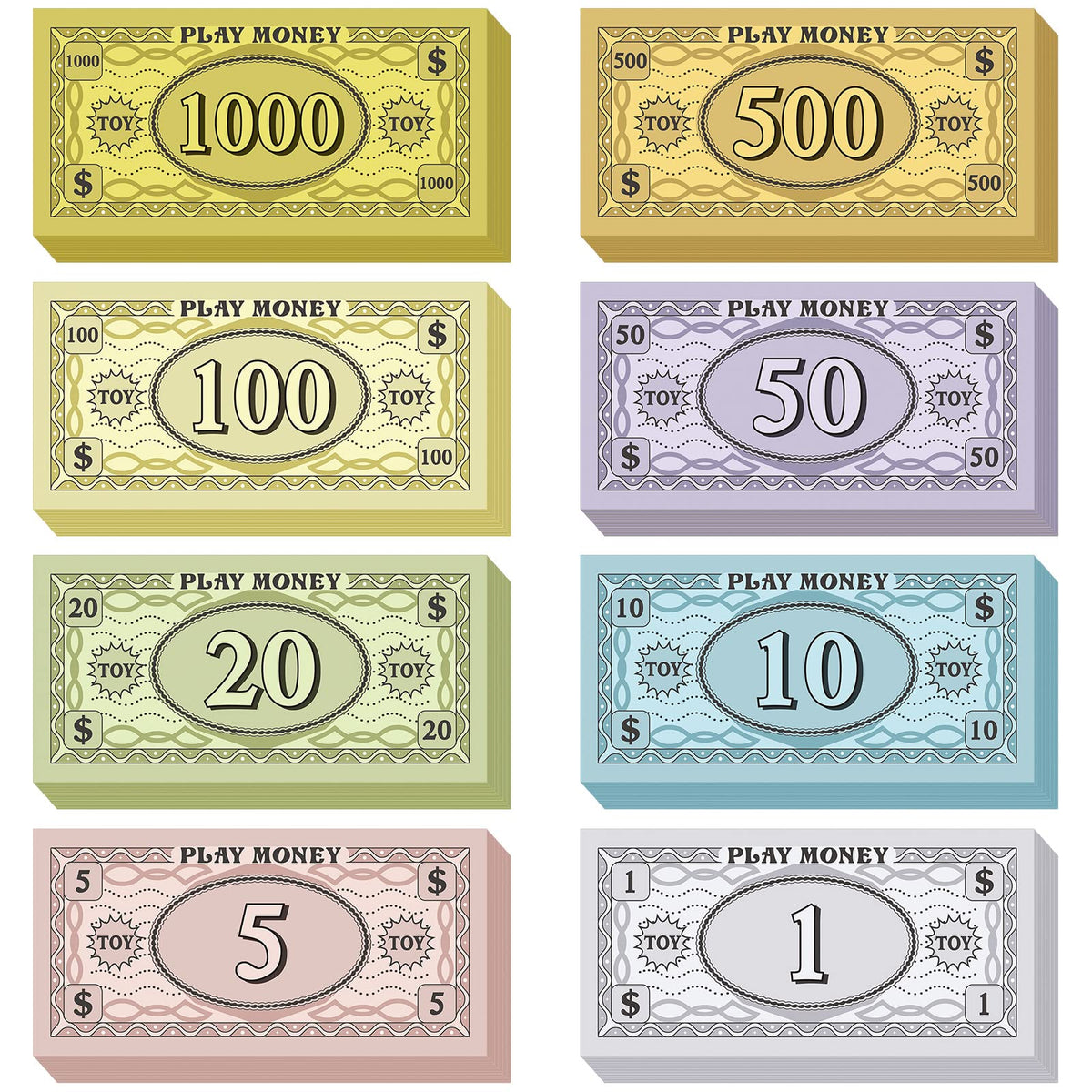 Sotiff play money 800 pieces displayed for teaching basic counting and math skills.