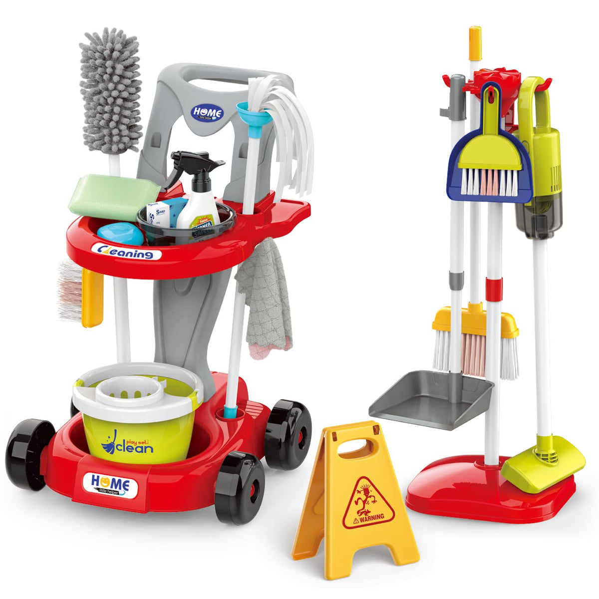 Sotodik kids cleaning toy vacuum in red demonstrates pretend cleanup play