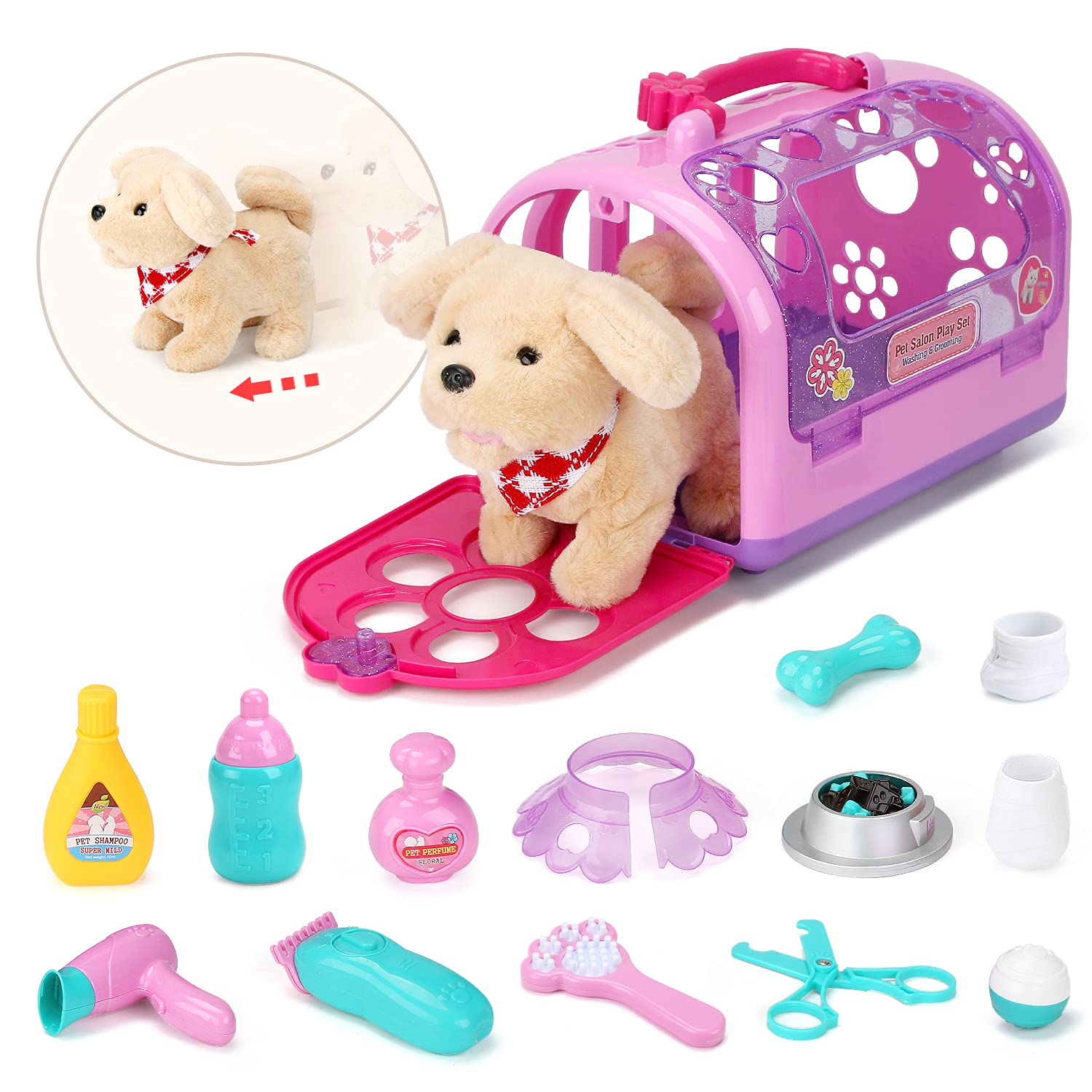 Sotodik Pet Care Play Set electric plush puppy walking for pretend care