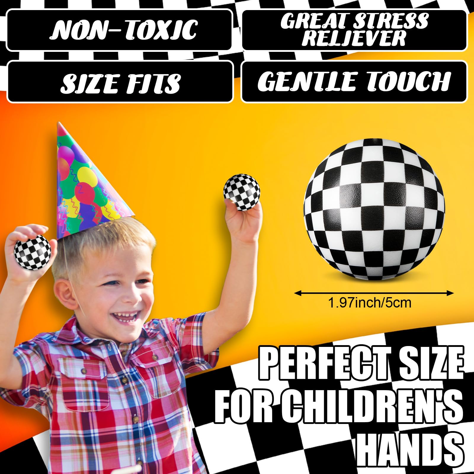 Soulchen hand squeezing a checkered race car stress ball for sensory relief