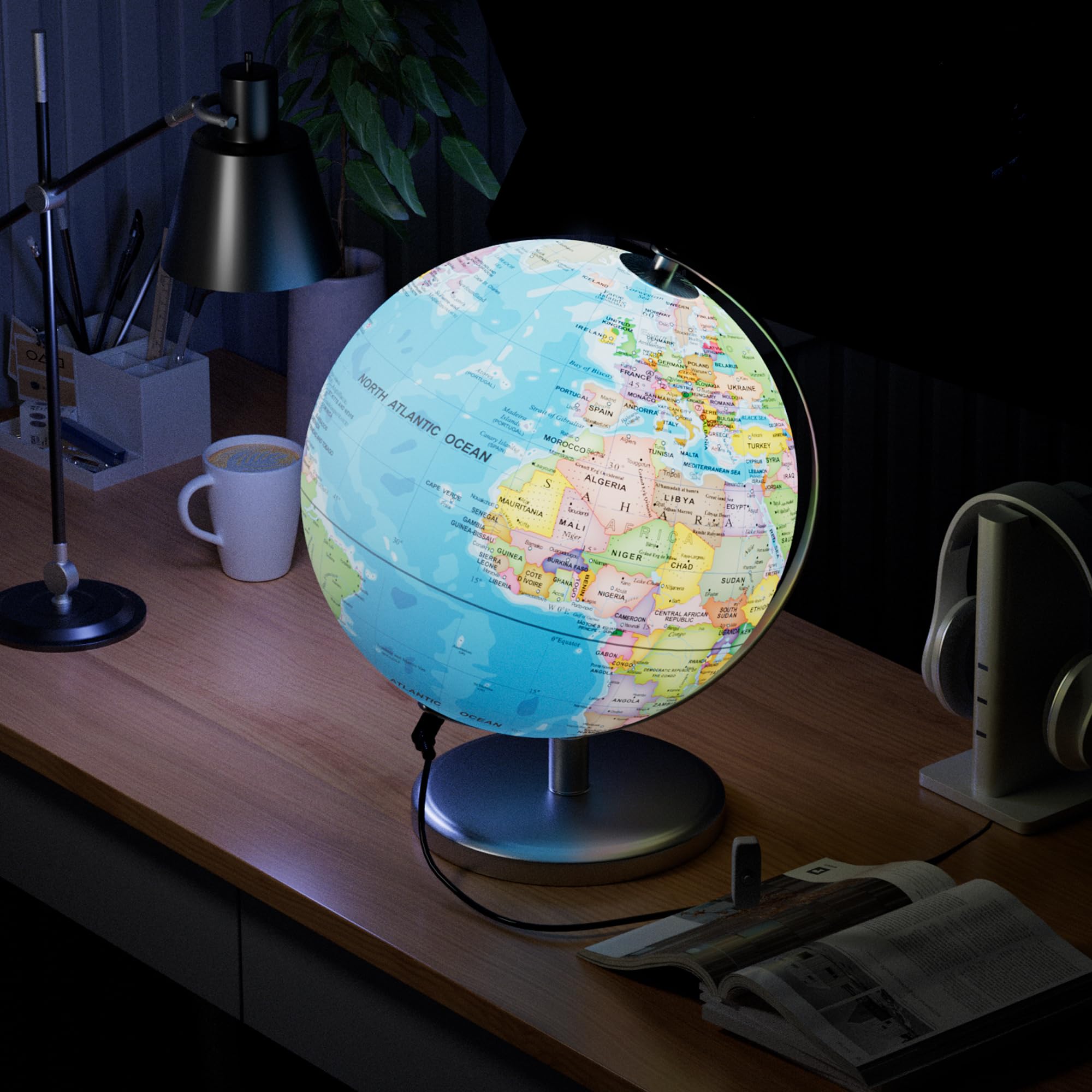 SOUNDANCE LED night-light globe illuminates maps for after-dark exploration.